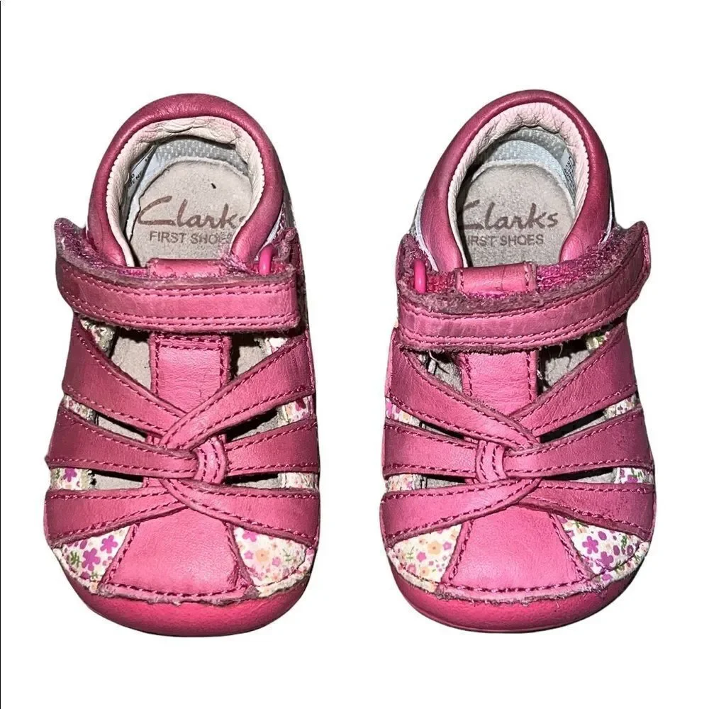 Clarks First Shoes Pink White Floral Leather Strappy Sandals Baby Girl 2.5 GUC